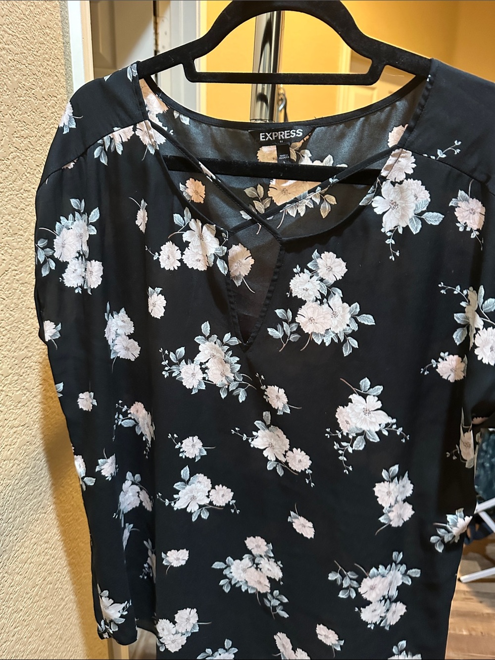 Express Black Floral Blouse with Pale Pink Flowers